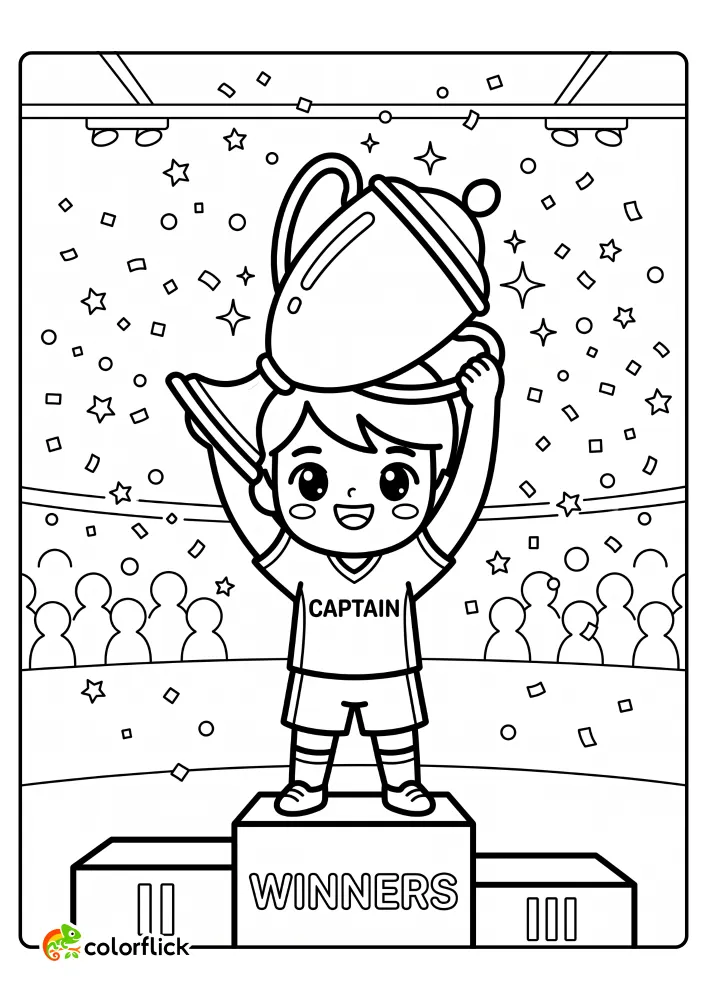 Cute team captain lifting a huge trophy in victory with confetti raining down on a winners podium. Free printable coloring sheet for kids.