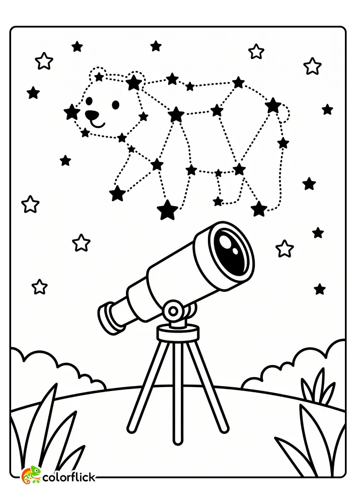 A simple line art drawing of a telescope on a tripod pointing up at a starry sky featuring a bear constellation formed by connected stars, a printable coloring page for kids.