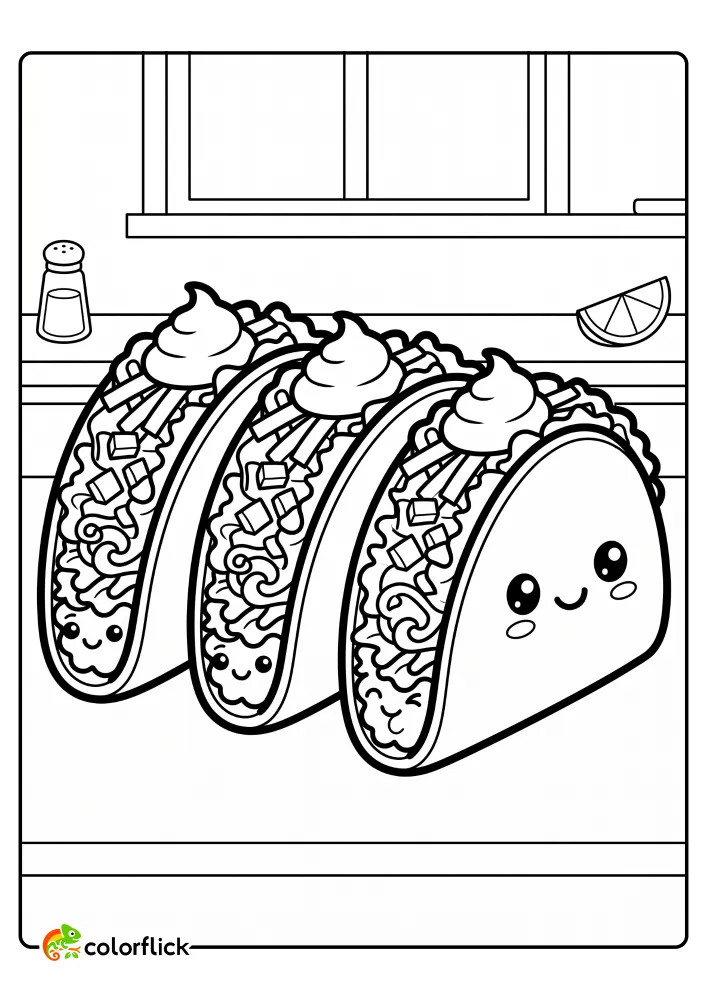 Cute smiling tacos with sour cream. A free printable coloring page for kids to enjoy.