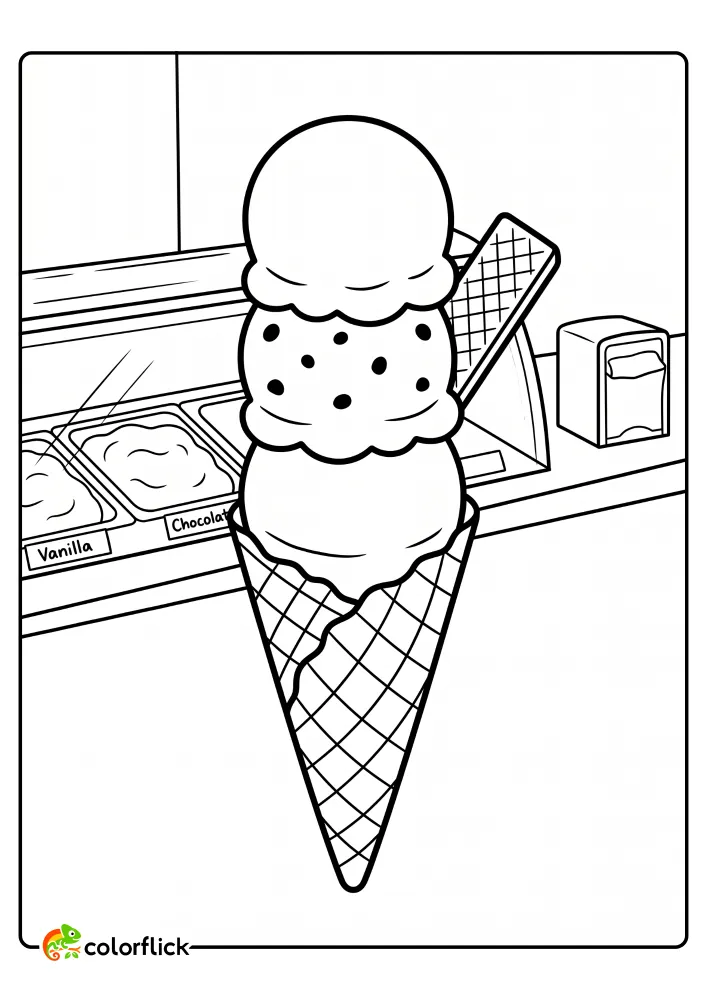 A fun printable coloring page for kids showing a waffle cone with three big scoops of gelato and a wafer biscuit in an ice cream shop.