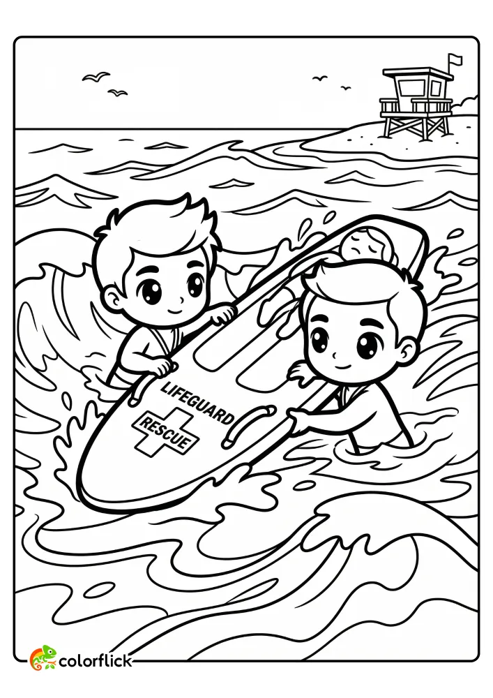 Emergency Heroes Coloring Pages, Two lifeguards in the ocean holding a large rescue board with a smaller child on it, free printable coloring sheet for kids.