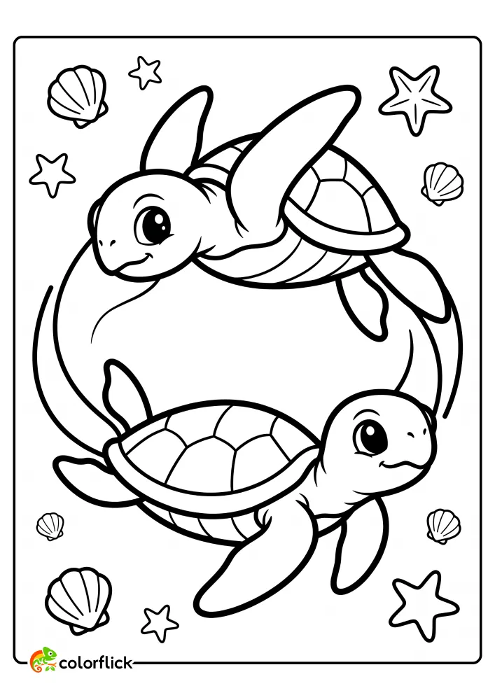 Two friendly sea turtles swimming together in a circle, with seashells and starfish, a printable coloring page for kids.
