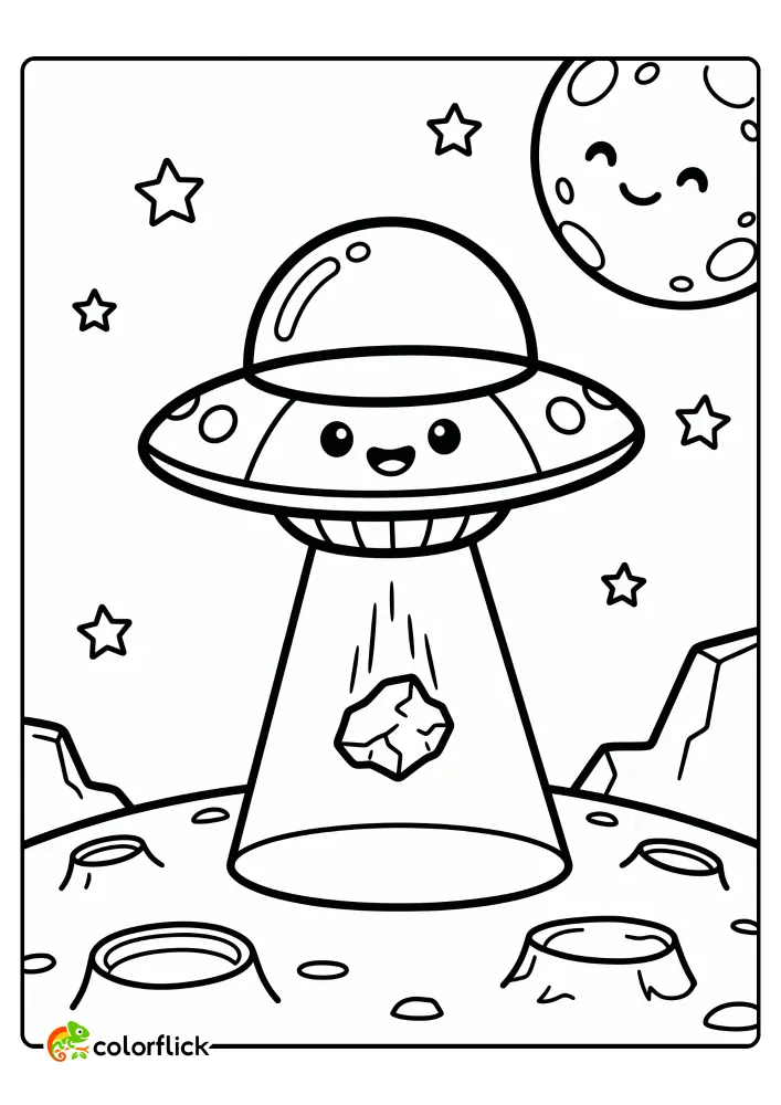 A cute, smiling cartoon flying saucer uses a tractor beam to pull up a moon rock above a cratered surface, providing a fun printable coloring page for kids.
