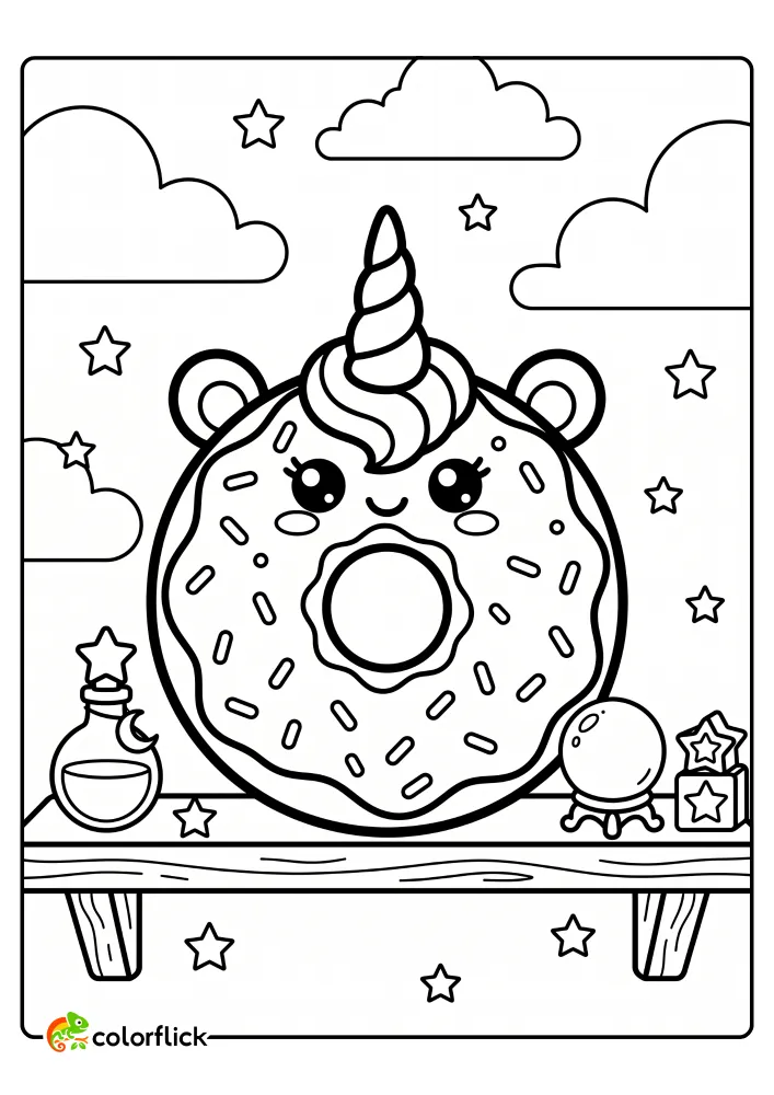 A cute unicorn donut with a swirled horn and ears sits on a fantasy shelf surrounded by stars, clouds, a potion bottle, and a crystal ball. Printable coloring page for kids.