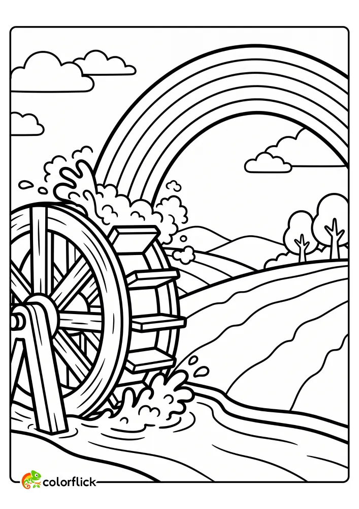 A black and white line art illustration of a wooden water wheel spinning in a river with splashing water creating a beautiful rainbow, acting as a free printable coloring sheet.