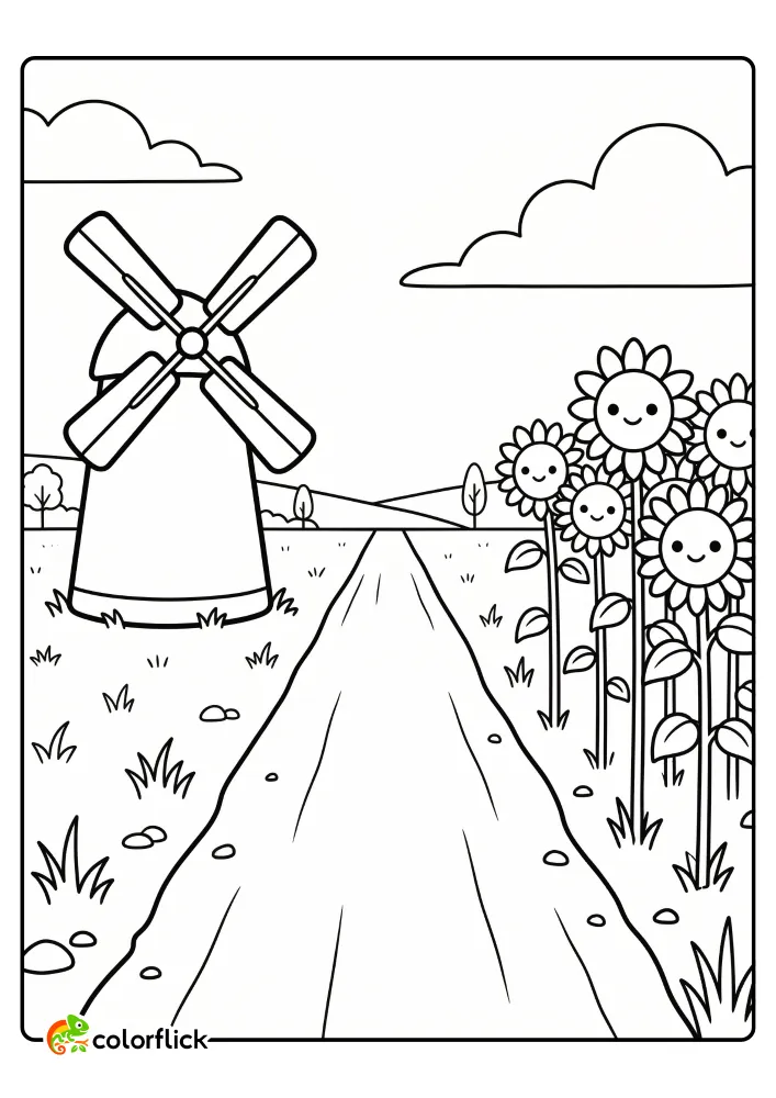 A cute coloring page of a dirt road leading past a simple windmill on the left and a cluster of cheerful sunflowers with round faces on the right. This is a printable coloring page for kids.