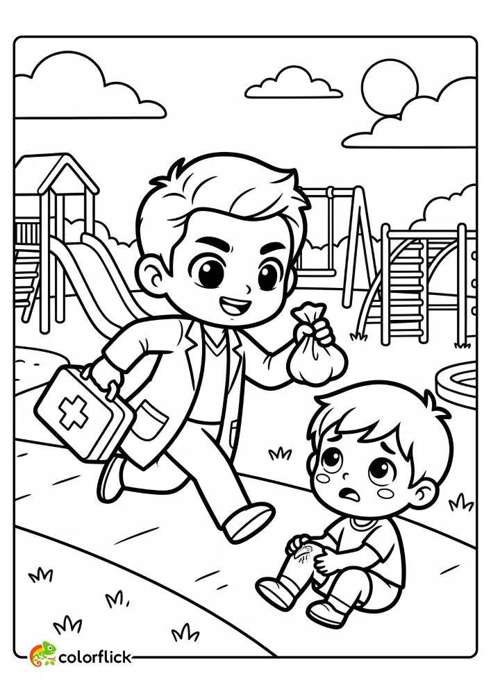Printable coloring page for kids showing a friendly emergency doctor rushing to help a boy with a scraped knee on a playground.