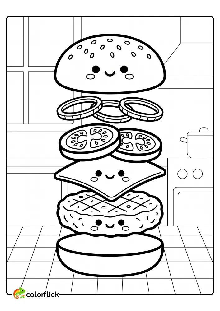 A fun illustration of all the ingredients of a tasty hamburger, including buns, cheese, patty, and vegetables, floating in the air for a perfect printable coloring page for kids.