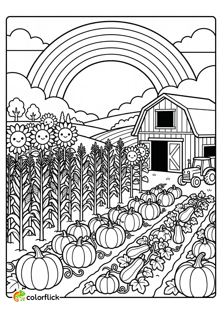 A cheerful farm scene featuring rows of pumpkins, tall corn stalks, and smiling sunflowers next to a barn and tractor under a large rainbow. This detailed line art is a printable coloring page for kids and preschoolers.