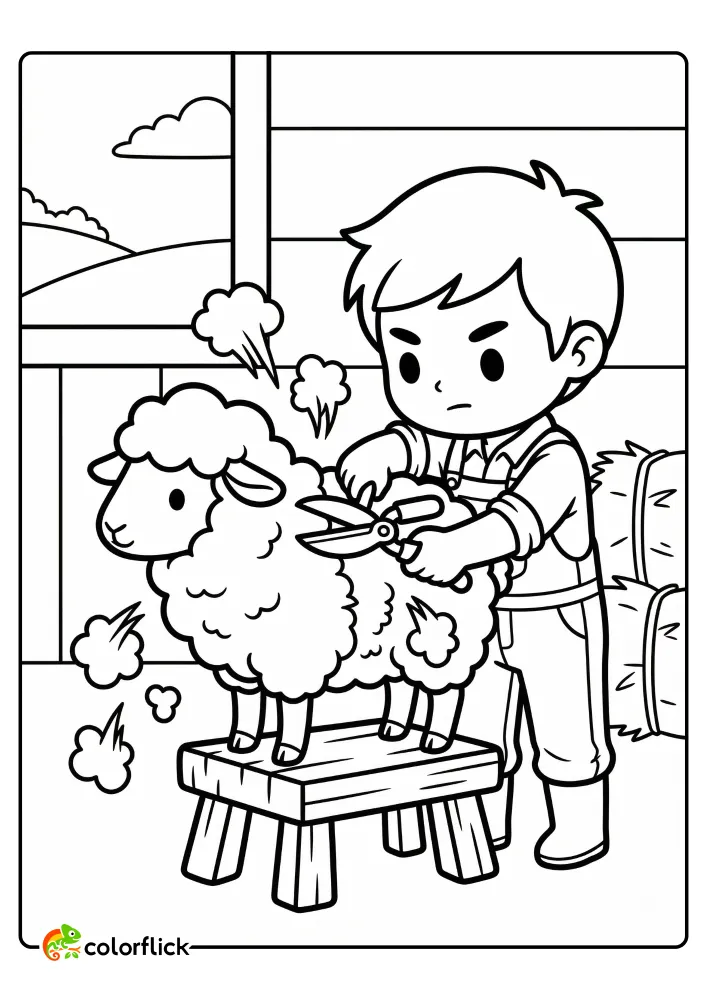 Cute farmer shearing a fluffy sheep standing on a stool with wool flying, a printable coloring page for kids.