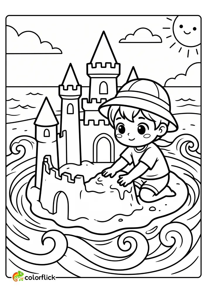 A focused young boy in a hat carefully patting a large sandcastle with tall towers, surrounded by swirling water, printable coloring page for kids.