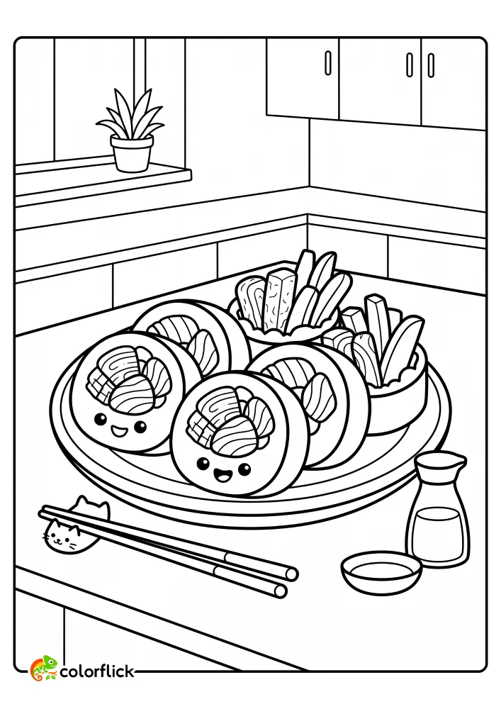 A plate of smiling Futomaki sushi rolls and fresh vegetable sticks with chopsticks and soy sauce in a kitchen, a printable coloring page for kids.