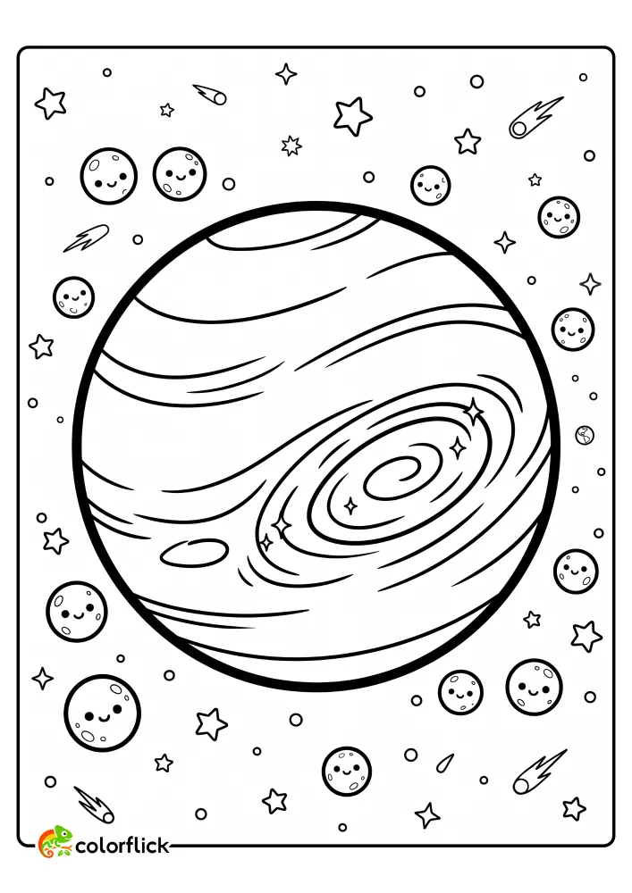 A massive gas giant planet featuring a large swirling storm on its surface surrounded by several small smiling moons, serving as a printable coloring page for kids.