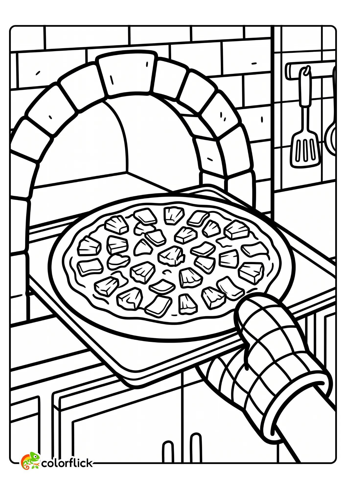 Cute printable coloring page for kids of a chunky oven mitt pulling a ham and pineapple pizza from a brick oven.