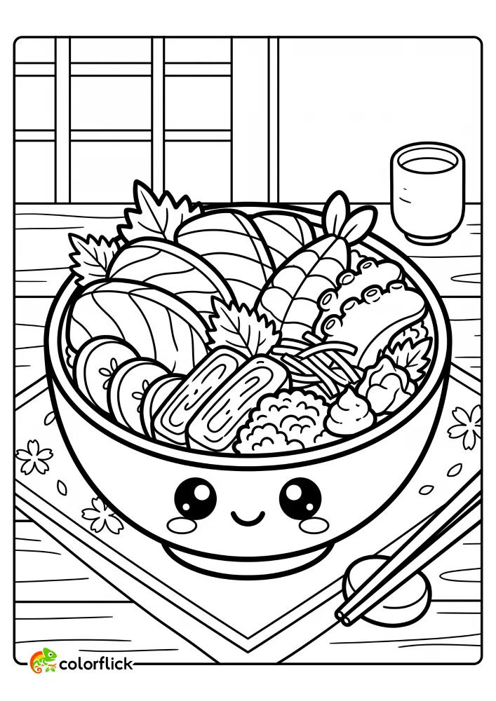 Smiling chirashi bowl filled with assorted seafood, tamago, and rice with chopsticks and a paper screen background. Printable coloring page for kids.