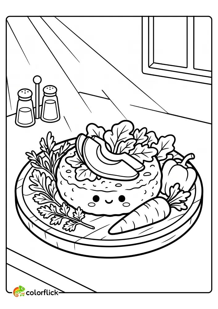 A cute illustration of a smiling healthy veggie patty on a plate with avocado and fresh vegetables, a printable coloring page for kids.
