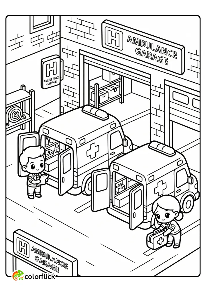 Free printable coloring sheet showing cute paramedics checking medical equipment outside an ambulance garage at a hospital.