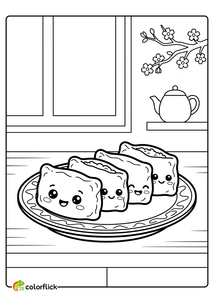 Cute smiling inari sushi pouches lined up on a ceramic plate. This printable coloring page for kids is great for easy coloring.