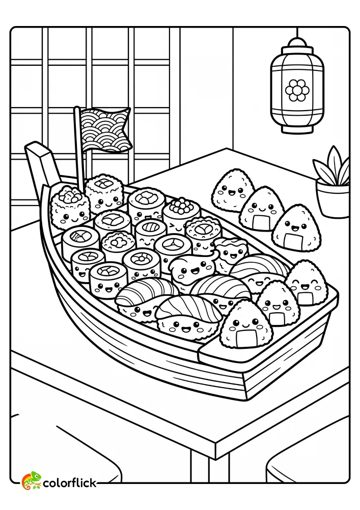 A decorative Japanese sushi boat filled with cute maki rolls and onigiri rice balls. This is a free printable coloring sheet for kids to enjoy.