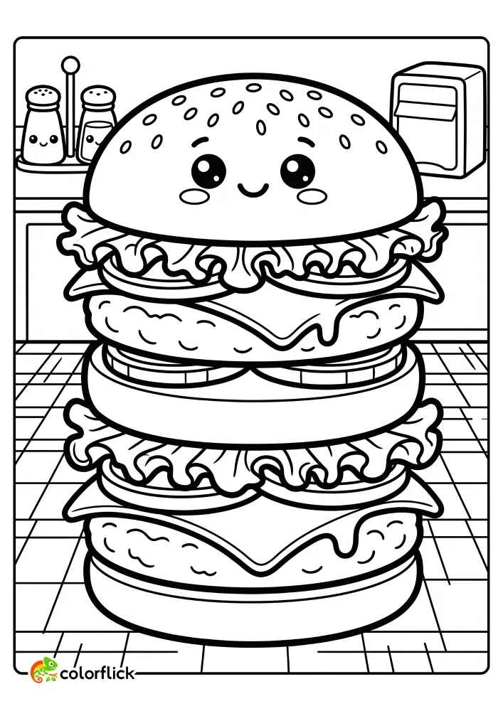 Cute printable coloring page for kids featuring a tall, smiling kawaii double-decker cheeseburger with melting cheese, lettuce, and onions in a diner setting.