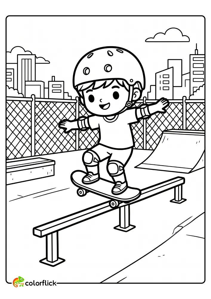 Cute kid balancing on a metal grinding rail with a city skyline behind, printable coloring page for kids