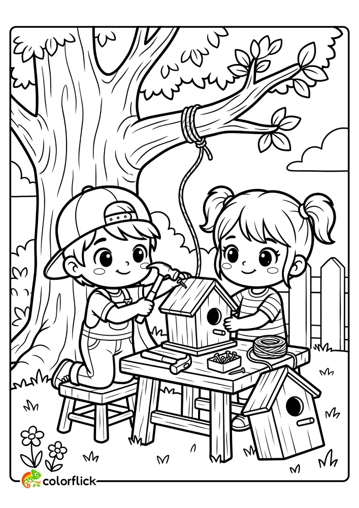 Two happy children, a boy and a girl, working together to build and hang a small wooden birdhouse in their backyard on this free printable coloring sheet, creating a new home for local birds.