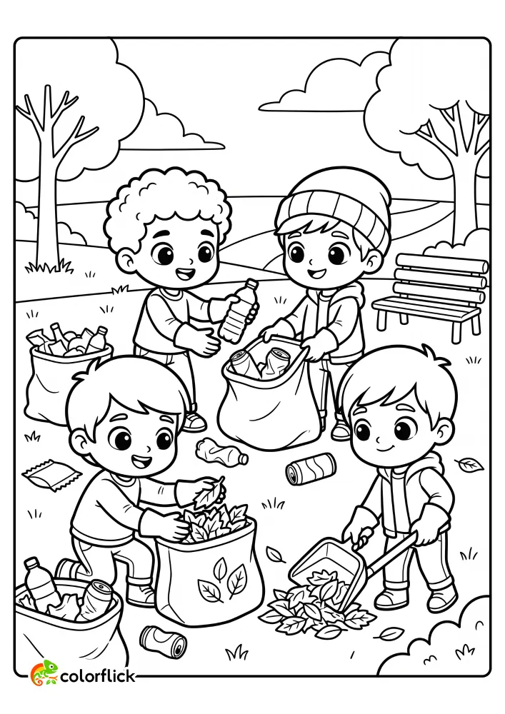 Diverse group of children in a park picking up bottles, cans, and fallen leaves to put in large bags for a printable coloring page for kids.