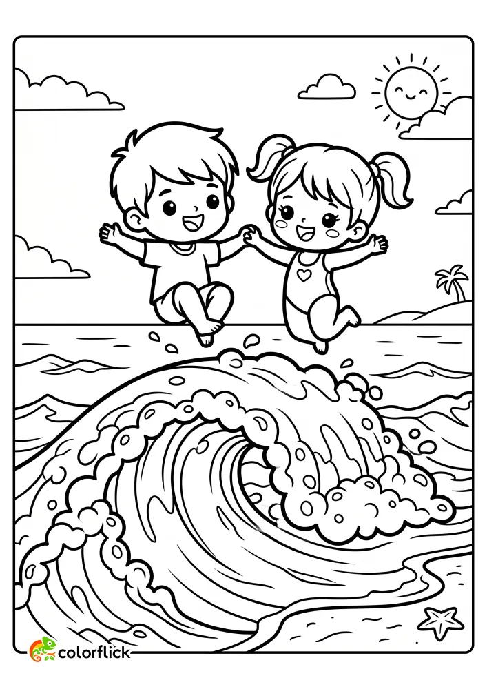 Two happy children holding hands and jumping high over a large, crashing ocean wave, printable coloring page for kids.