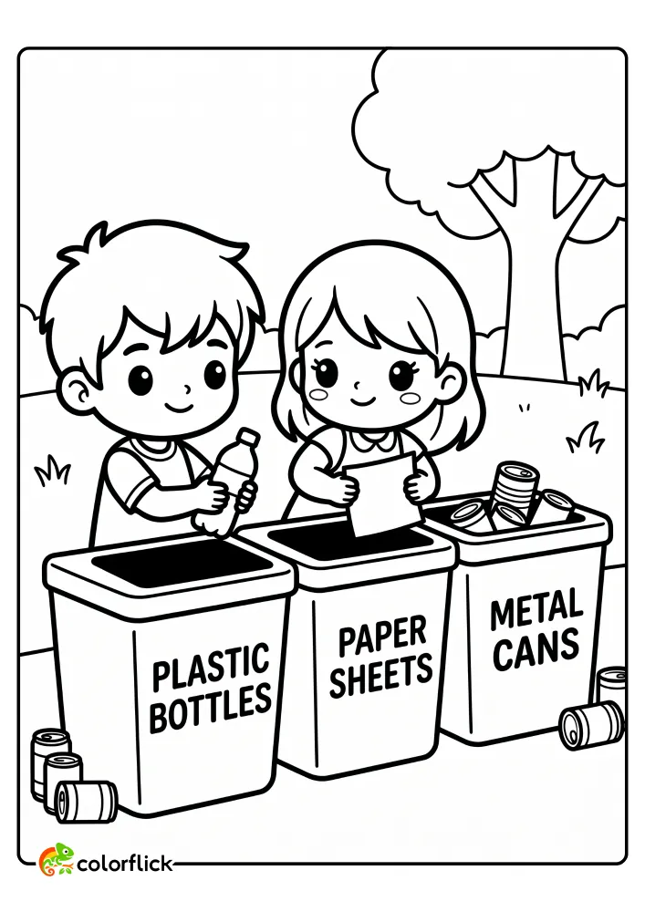 A detailed printable coloring page for kids featuring a boy and girl sorting recyclables into labeled plastic bottles, paper sheets, and metal cans bins in a park.