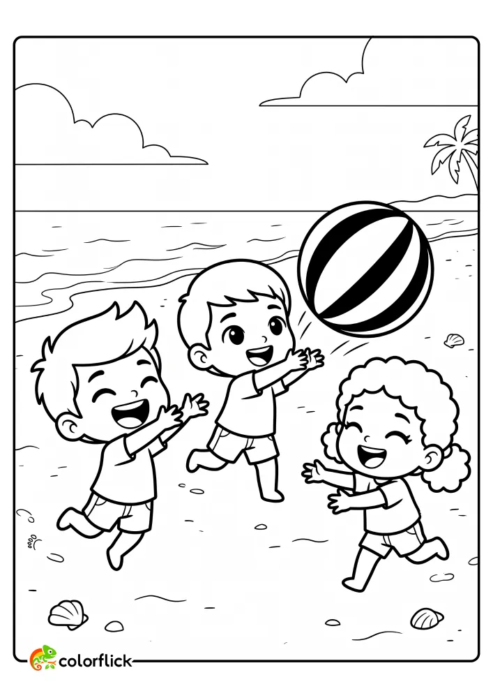 A group of happy best friends are laughing and tossing a large striped beach ball on a sandy beach with palm trees and ocean waves, a printable coloring page for kids.