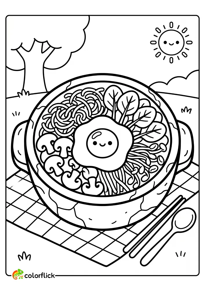 A printable coloring page for kids featuring a traditional Korean stone bowl of Bibimbap, with layers of carrots, spinach, mushrooms, and a smiling fried egg, in a peaceful park picnic setting.