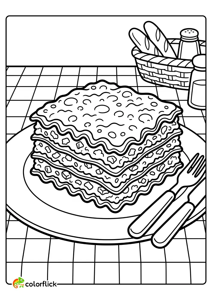 Cute printable coloring page for kids showing a tall, square slice of Italian lasagna on a plate with clear wavy pasta sheets and meat layers on a checkered table.