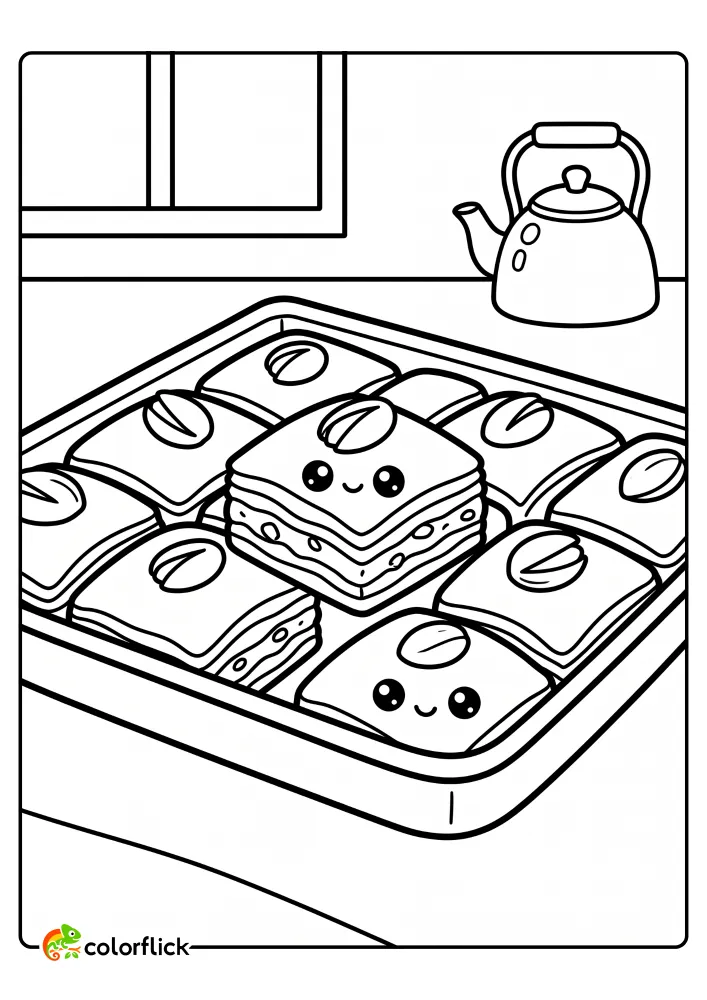 A tray of cute Lebanese Baklava dessert pieces with happy faces next to a teapot and window, printable coloring page for kids.