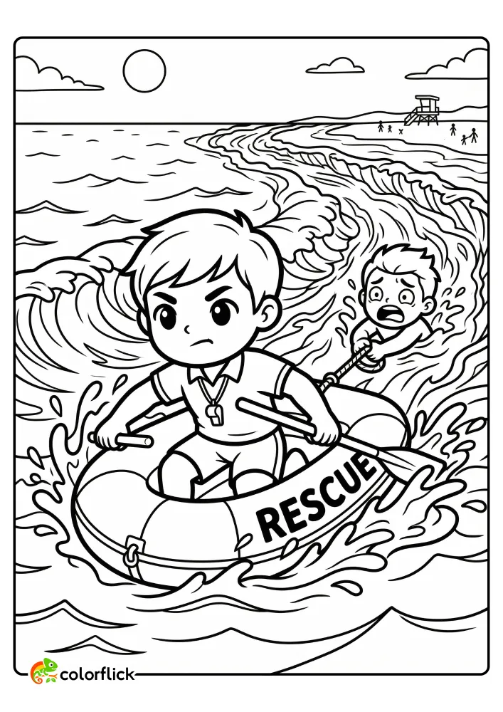 A printable coloring page for kids showing a brave lifeguard on a paddleboard pulling a struggling swimmer to safety from large ocean waves, with a beach background featuring a lifeguard tower.