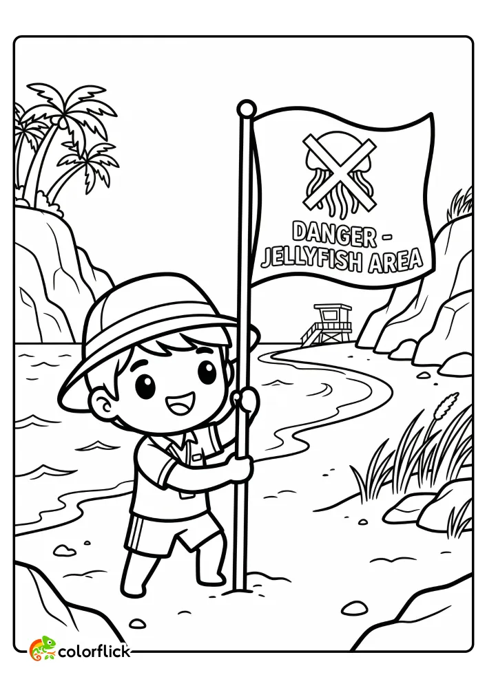 A cute lifeguard boy plants a safety flag marking a 'DANGER - JELLYFISH AREA' in a scenic, windy beach cove, perfect for a printable coloring page for kids.