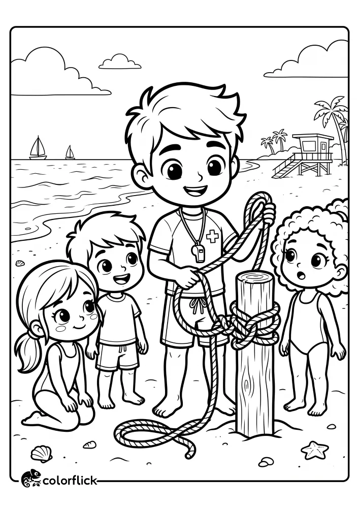 A free printable coloring sheet featuring a friendly lifeguard demonstrating how to tie a rescue rope knot on a wooden post to three attentive kids on a sunny beach.