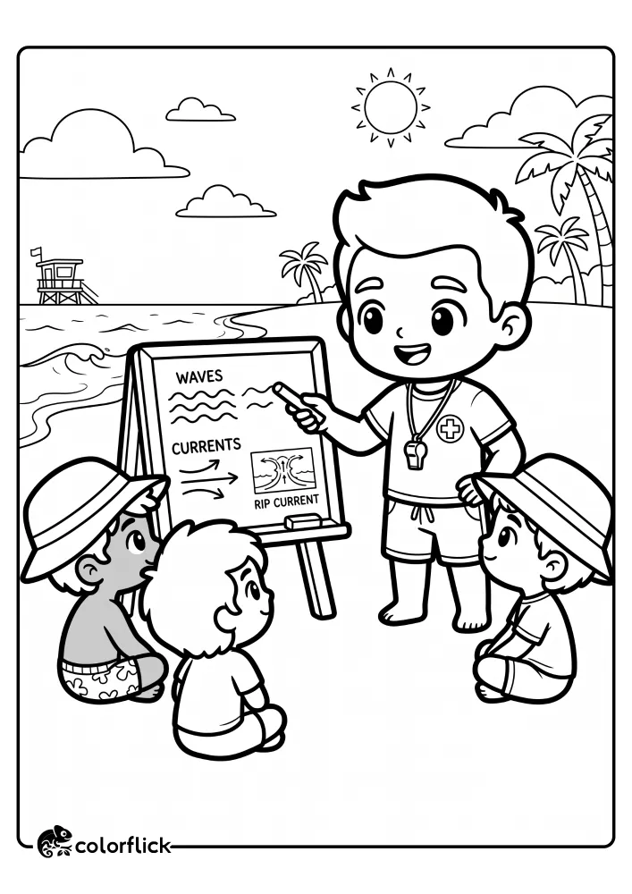 A free printable coloring sheet featuring a friendly male lifeguard using a chalkboard to teach three young kids sitting on the sand about ocean waves and rip currents on a sunny beach.