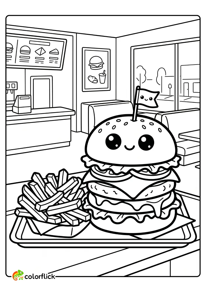 A detailed towering loaded hamburger and a basket of crispy fries on a fast food tray inside a restaurant printable coloring page for kids.