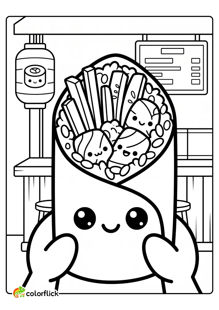 Cartoon modern sushi burrito character with cute filling faces being held by hands at a food stall. Printable coloring page for kids.