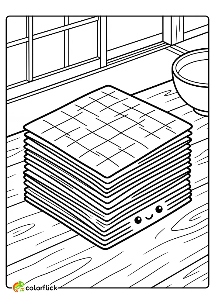 A neat stack of square Japanese Nori seaweed sheets with a cute smile, resting on a wooden table, as a printable coloring page for kids.