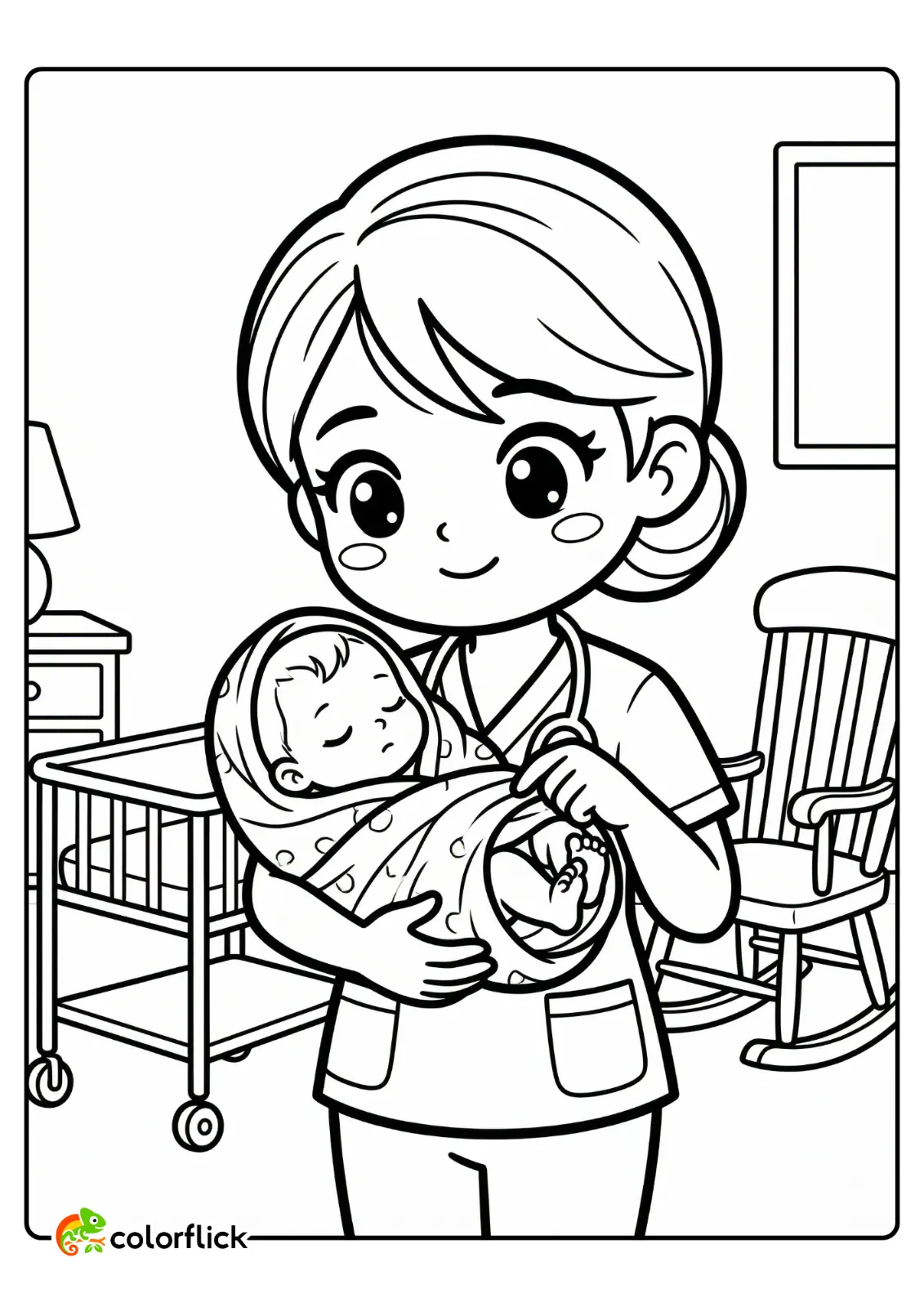 A nurse gently checks the tiny toes of a newborn baby bundled in a blanket, printable coloring page for kids.