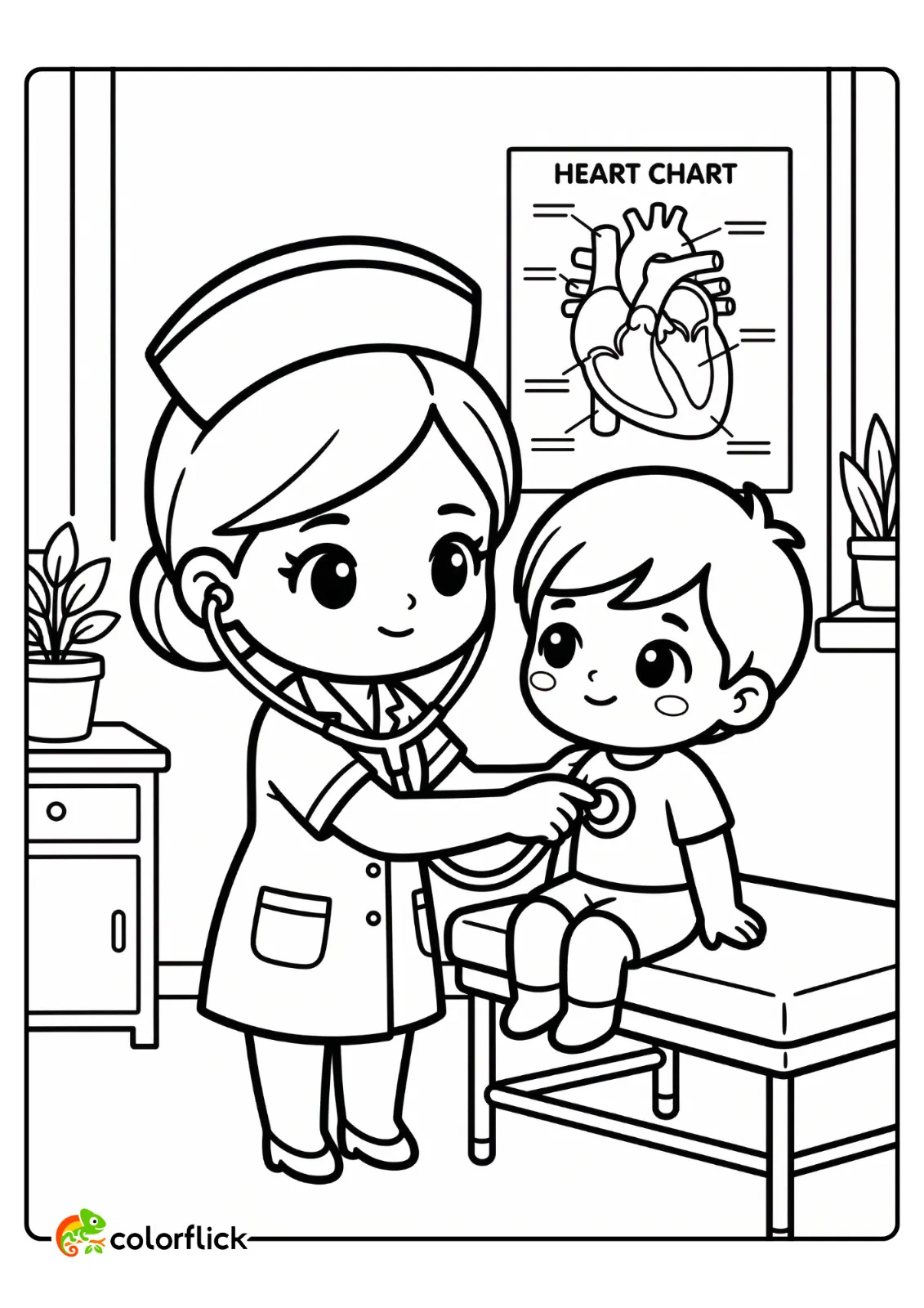 A cute nurse using a stethoscope to listen to a child's heartbeat in a clinic, a printable coloring page for kids.
