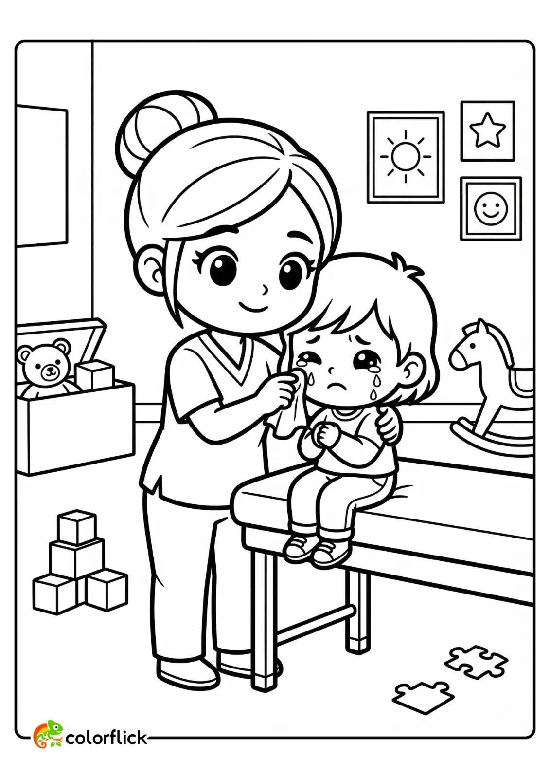 A compassionate nurse comforts a crying young child in a pediatrician's office with toys, a printable coloring page for kids.