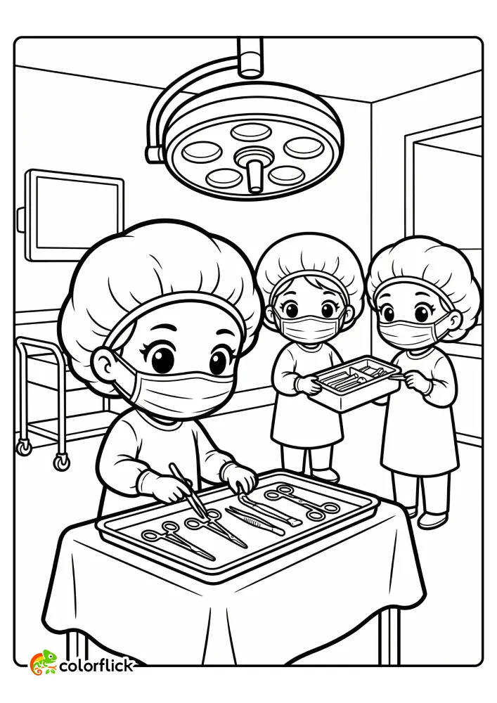 A group of nurses in surgical gowns and masks preparing instruments on a sterile tray in an operating room, a printable coloring page for kids.