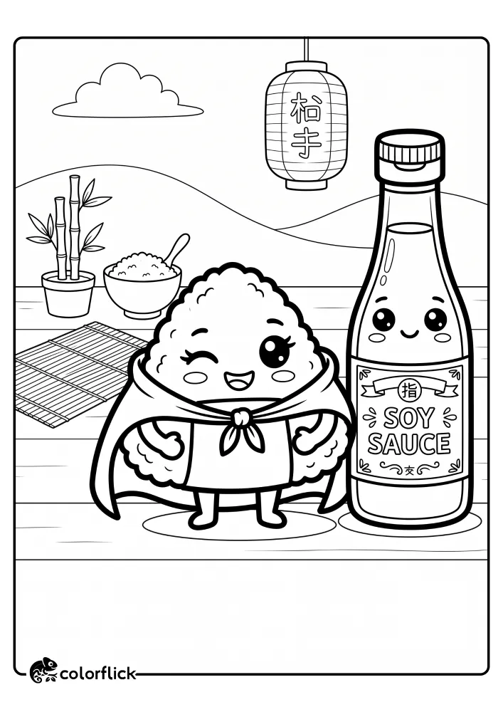 A cheerful winking Onigiri character in a seaweed cape stands beside a friendly soy sauce bottle with a face, a simple printable coloring page for kids.