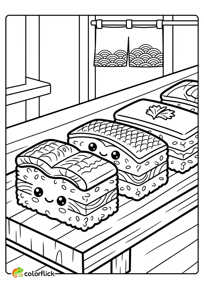 Three adorable pieces of Oshizushi pressed sushi with unique toppings including fish scales and parsley, all featuring cute smiling faces, are lined up on a wooden table. Printable coloring page for kids or free printable coloring sheet.