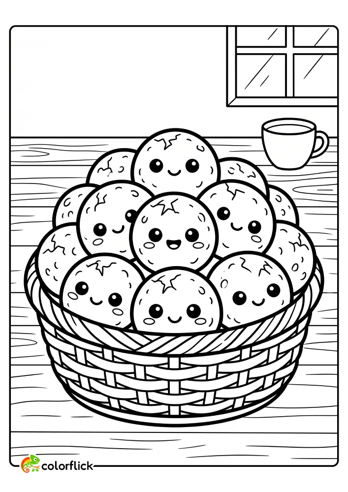 Cute smiling Brazilian cheese bread balls piled in a woven basket. A free printable coloring sheet for kids to enjoy.