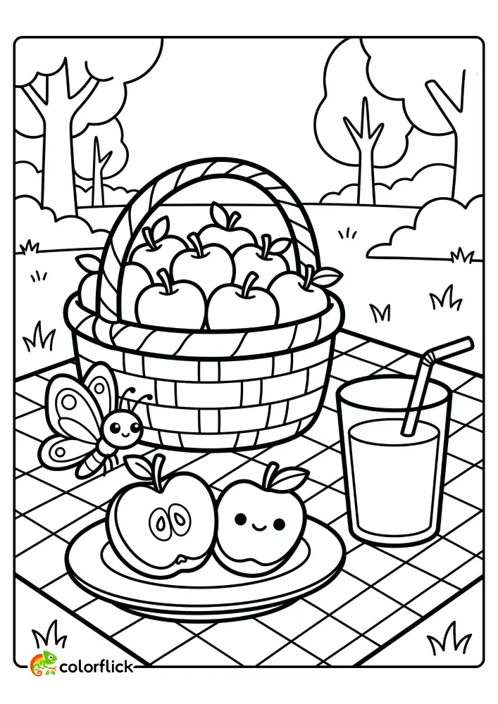 A cheerful picnic scene for coloring, featuring a wicker basket full of apples, a glass of juice, and a friendly butterfly. Free printable coloring sheet for toddlers.
