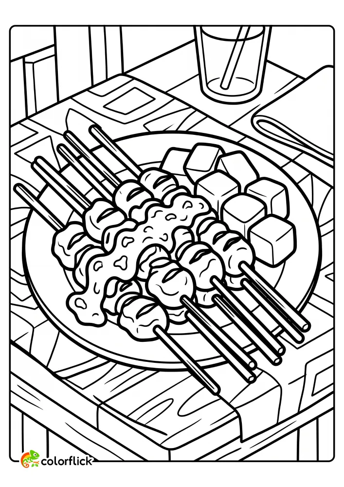 A detailed coloring page illustration of a plate featuring multiple skewers of satay and several cubes of rice cakes (lontong) served on a wooden table, perfect for a printable coloring page for kids.