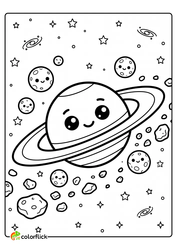 A cute smiling Saturn planet with large rings surrounded by small happy moons and floating space rocks, providing a printable coloring page for kids to enjoy.
